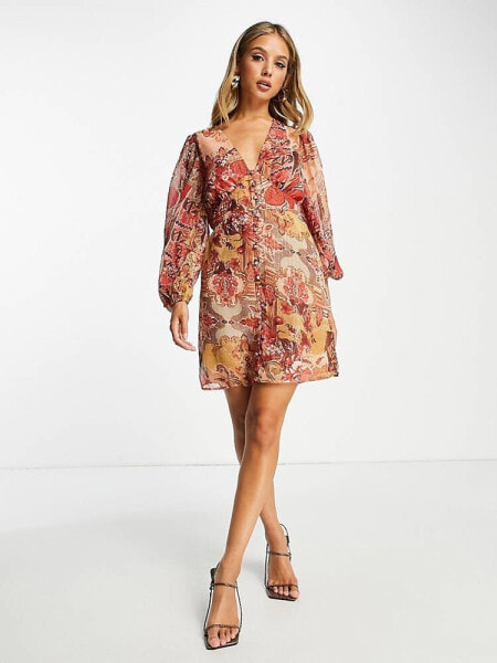 River Island button detail mini dress in pink paisley print 