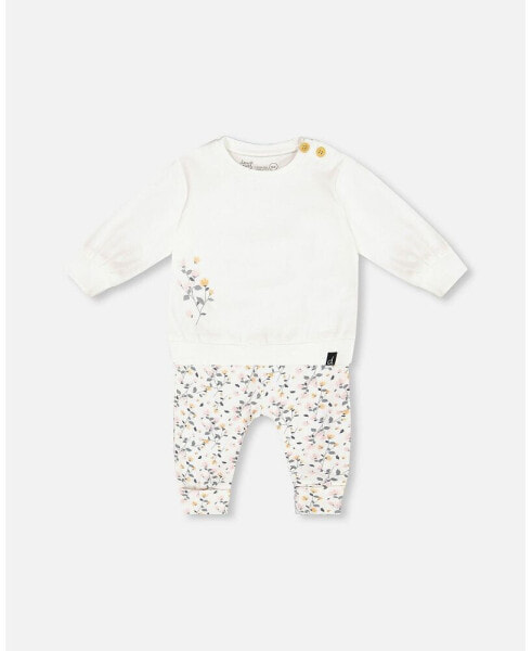 Baby Girls Baby Organic Cotton Top And Printed Pants Set Cream With Flowers