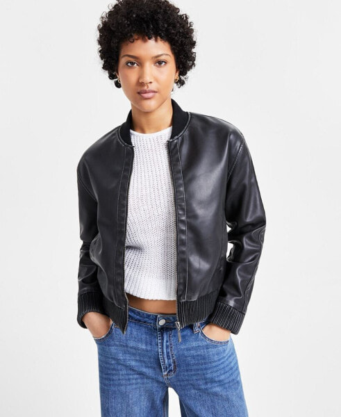 Juniors' Distressed Faux-Leather Bomber Jacket, Created for Macy's