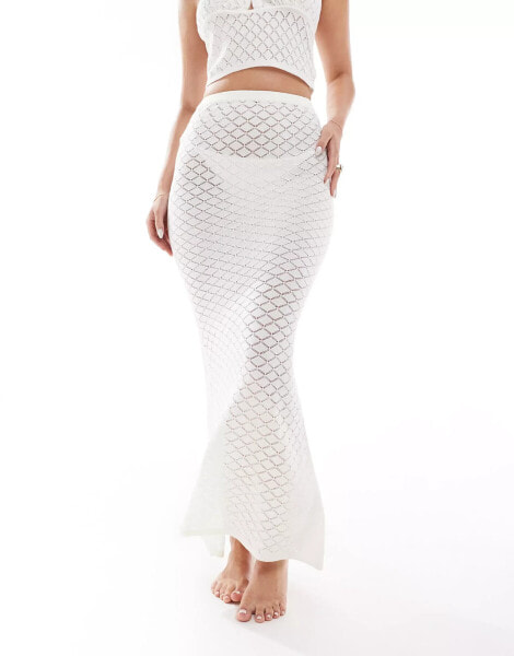 In The Style exclusive crochet knit textured fishtail maxi beach skirt co-ord in cream