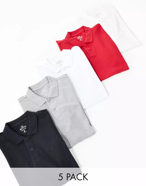 Hollister 5 pack icon logo pique polo in white/grey/black/blue/red