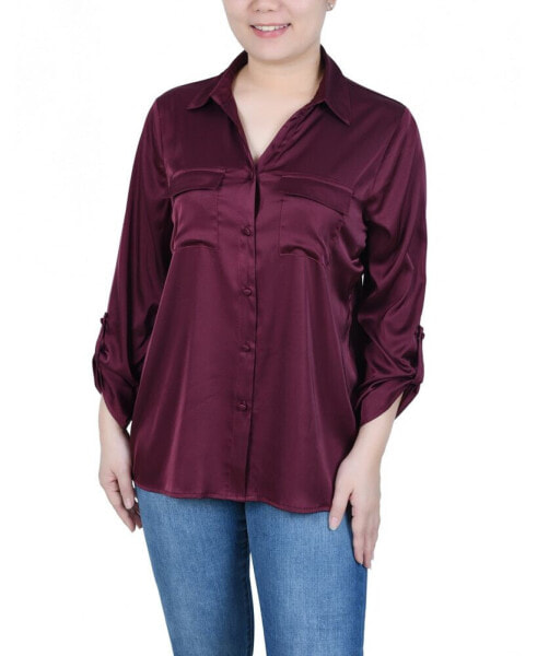 Petite 3/4 Sleeve Roll Tab Satin Blouse