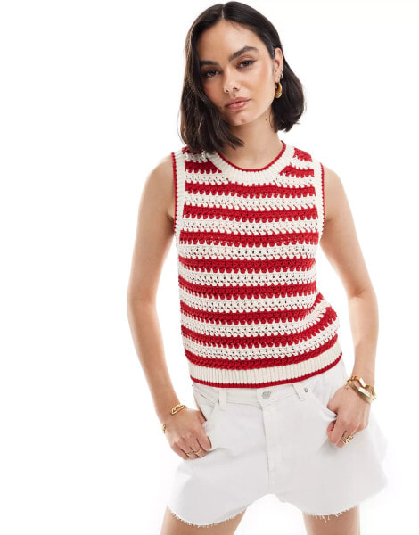 Stradivarius crochet tank top in red stripe