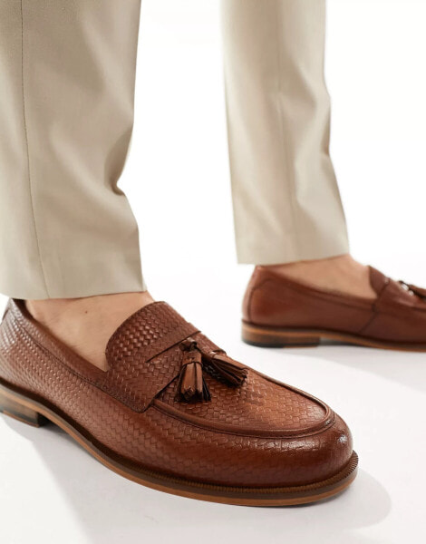 Walk London Torbole Weave Tassel Loafers In Tan Embossed Leather