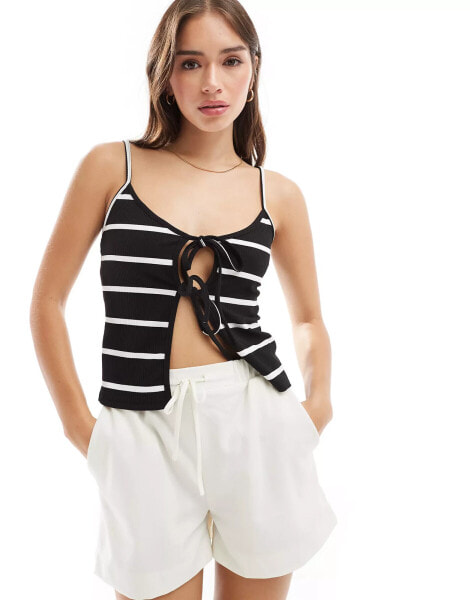 ASOS DESIGN ribbed tie front cami top in mono stripe