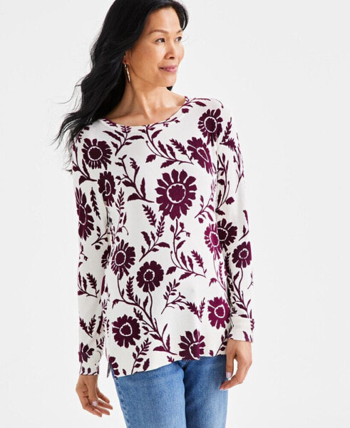 Women's Floral Crewneck Long-Sleeve Sweater, Created for Macy's