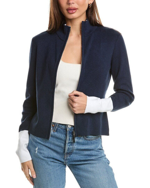 Forte Cashmere Contrast Trim Zip Mock Cardigan Women's