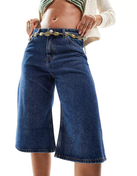 Monki Paige low waisted loose denim jorts in mid wash blue