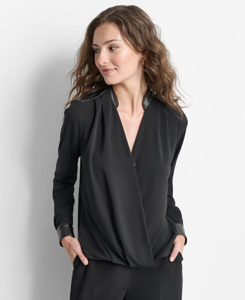 Women's Surplice-Neck Faux-Leather Long-Sleeve Blouse