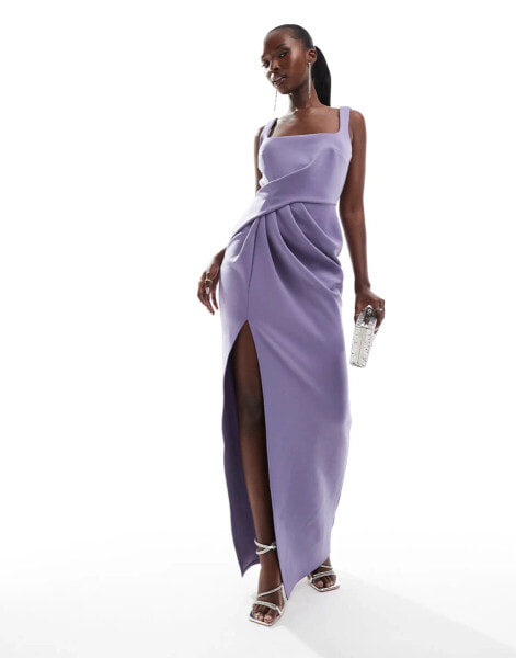 ASOS DESIGN square neck pleat detail maxi dress in dark lilac