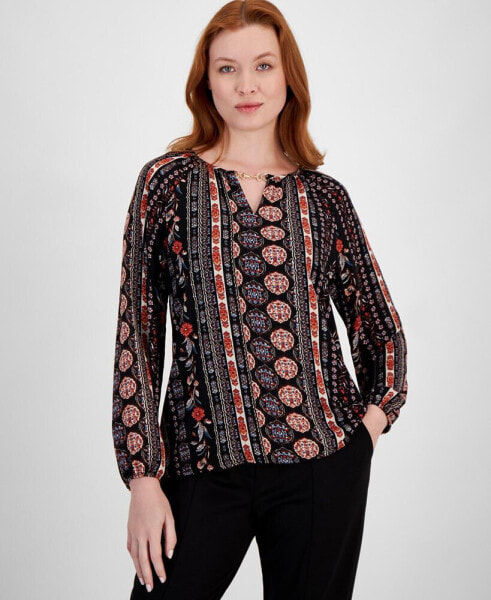 Women's Printed Chain-Neck Long-Sleeve Blouse