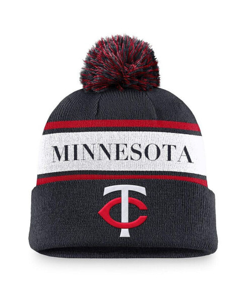 Men's Navy Minnesota Twins Team Stripe Peak Cuffed Knit Hat with Pom