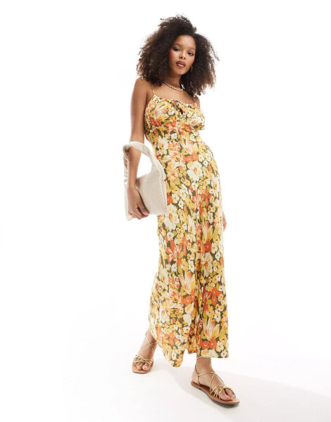 ASOS DESIGN ruched bust maxi slip dress in mustard floral print