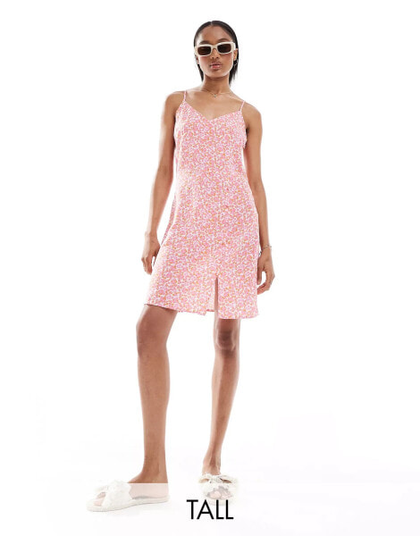 Vero Moda Tall cami mini dress with split in pink floral print