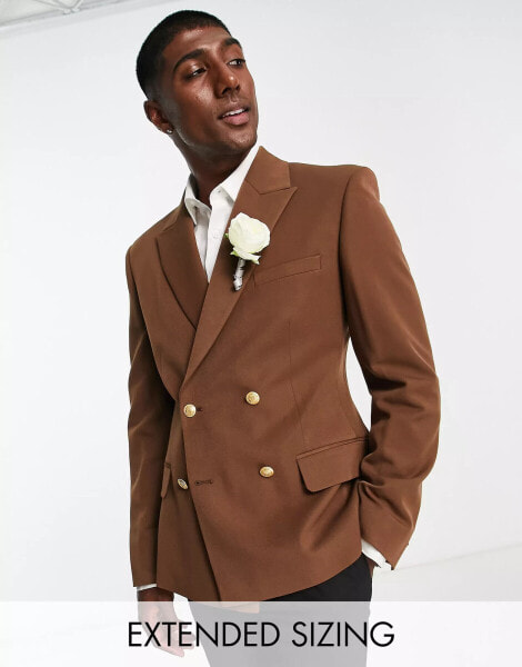 ASOS DESIGN wedding skinny double breasted blazer with gold buttons in chocolate brown