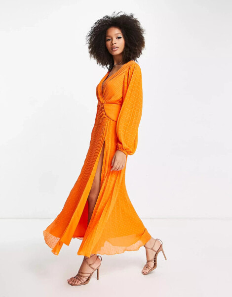 ASOS DESIGN pleated dobby chiffon wrap button detail maxi dress in bright orange