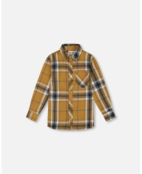 Toddler Boys Button Down Flannel Shirt With Pocket Plaid Golden Yellow And Gray - Toddler|Child