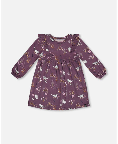 Baby Girls Baby Dress With Frills Mauve Printed Cats