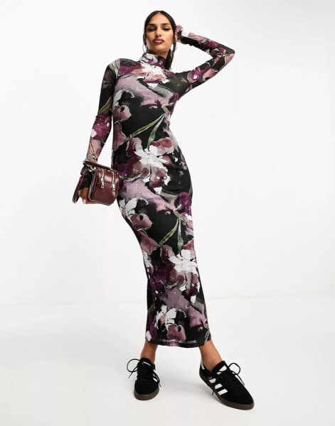 ASOS DESIGN mesh high neck maxi dress in purple floral print