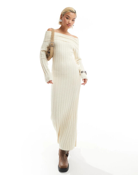 Glamorous off shoulder bodycon maxi knitted dress in cream