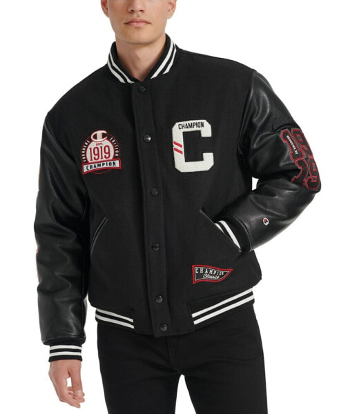 Men's Logo-Patch Mixed-Media Varsity Jacket