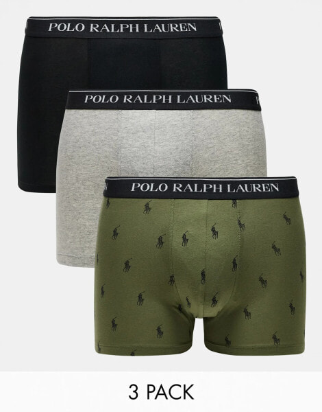 Polo Ralph Lauren 3 pack trunks with logo waistband in black khaki grey