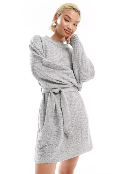 Glamorous rib knit tie waist mini knitted dress in grey marl