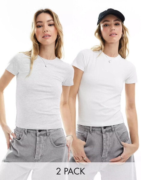 Miss Selfridge short sleeve baby tee t-shirt 2 pack in grey marl and white