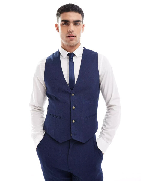 ASOS DESIGN wedding skinny suit waistcoat in navy microtexture