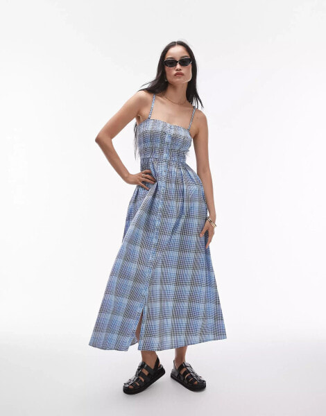 Topshop seersucker check shirred midi dress in blue check