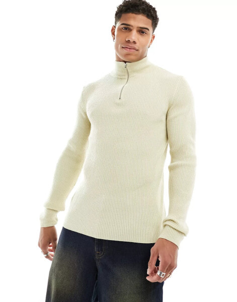 ASOS DESIGN muscle fit knitted essential quarter zip jumper cream