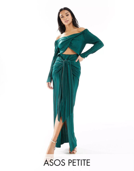 ASOS DESIGN Petite plisse bardot twist front maxi dress in bottle green