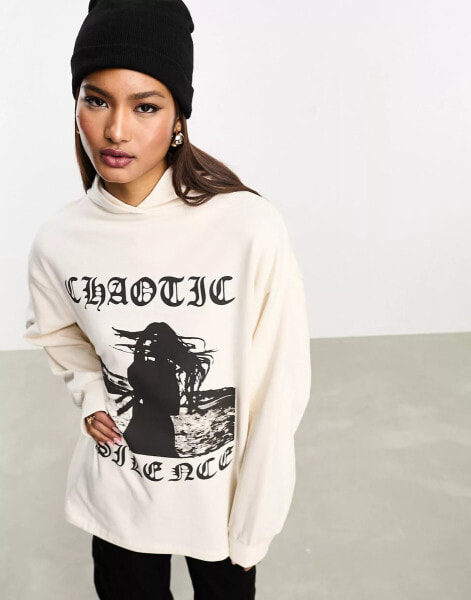 ASOS DESIGN oversized hoodie with chaotic silence indie graphic in neutral