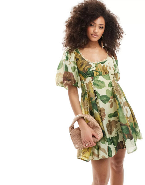 ASOS DESIGN square neck lace insert mini dress with puff sleeves in green floral print