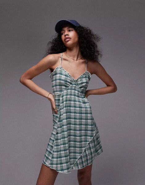 Topshop strappy ruched waist mini flippy dress in mint check