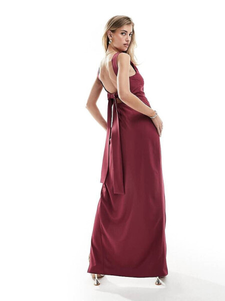 Vesper bow back thigh spilt maxi dress in burgundy