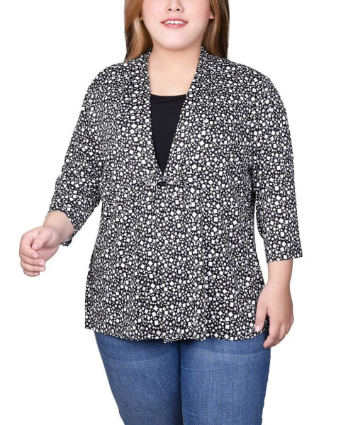 Plus Size Puff Print 3/4 Sleeve 2-Fer Top