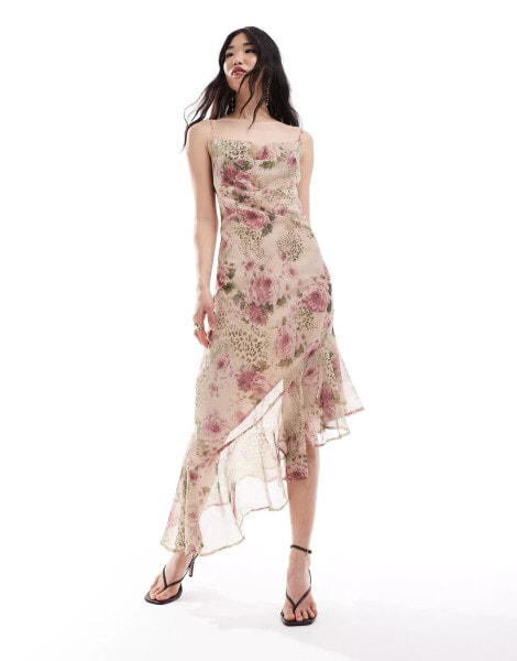 Miss Selfridge chiffon cowl maxi slip dress in animal floral