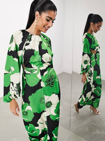 ASOS EDITION volume sleeve cut out detail midi dress in green floral print