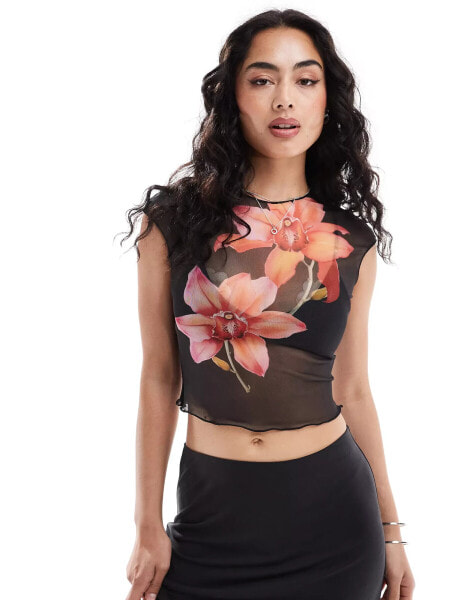 Bershka floral mesh t-shirt in black