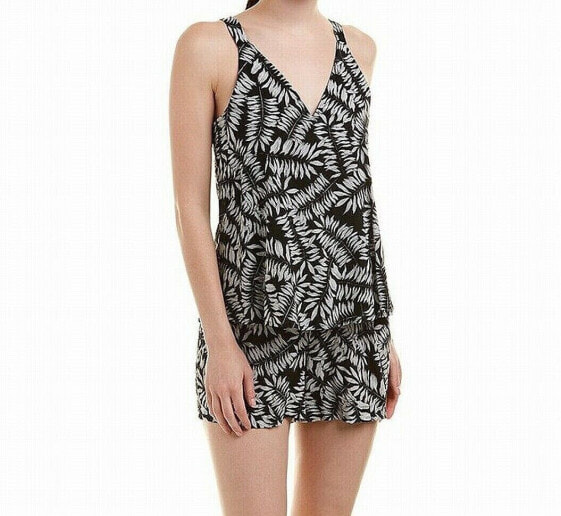 1.State 157962 Women's Leaf Print Popover Romper Sleeveless Black/White Sz. 6