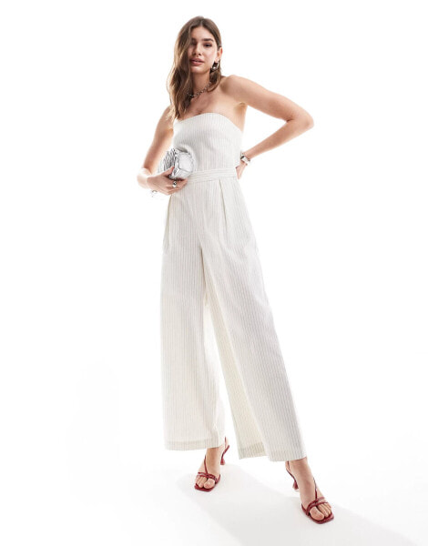 Pretty Lavish strapless jumpsuit with pockets in cream stripe