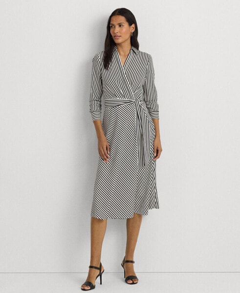 Women's Striped Surplice Crepe Midi Dress