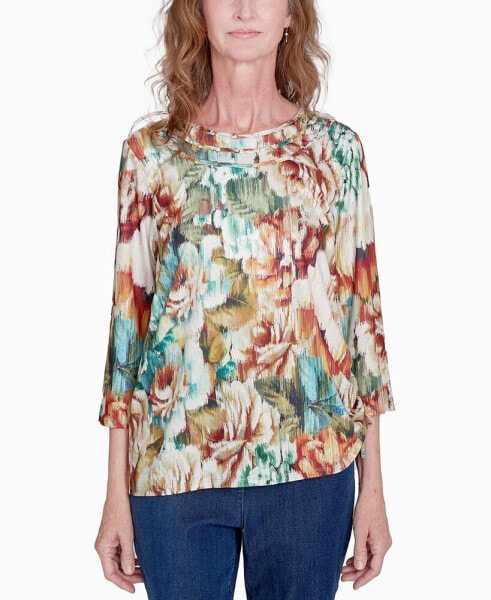 Petite Classics Earth Floral Crew Neck Top