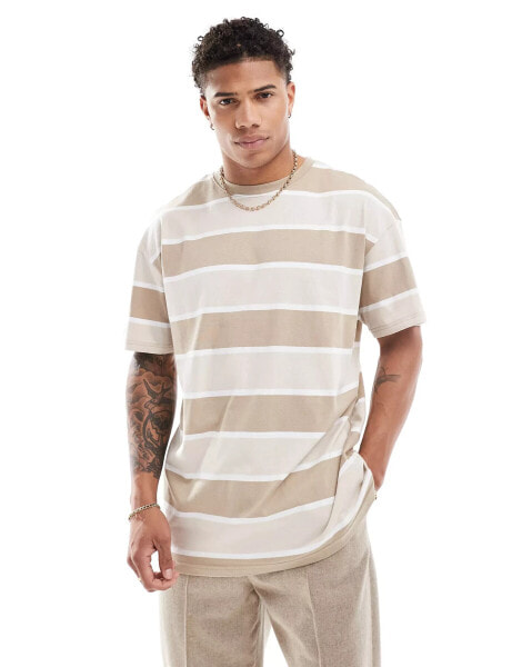 Threadbare oversized stripe t-shirt in light brown