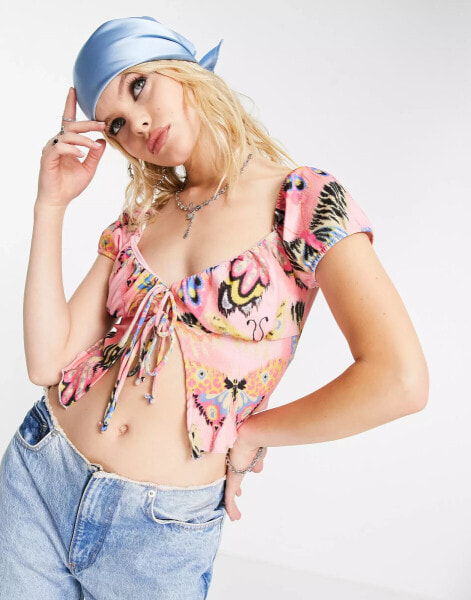 Bershka tie front butterfly print tee in pink