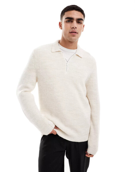 ASOS DESIGN heavyweight 1/4 zip rib jumper with collar in cream