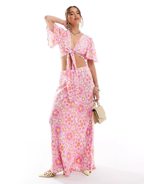 YAS maxi skirt co-ord in pink floral - MULTI