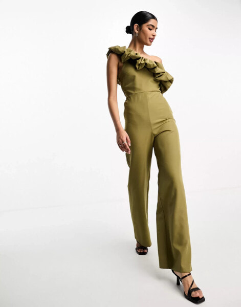 True Violet bardot jumpsuit with ruffle detail in light khaki