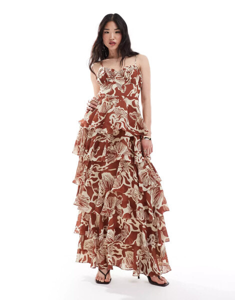 Pretty Lavish shirred bust tiered ruffle maxi dress in brown floral